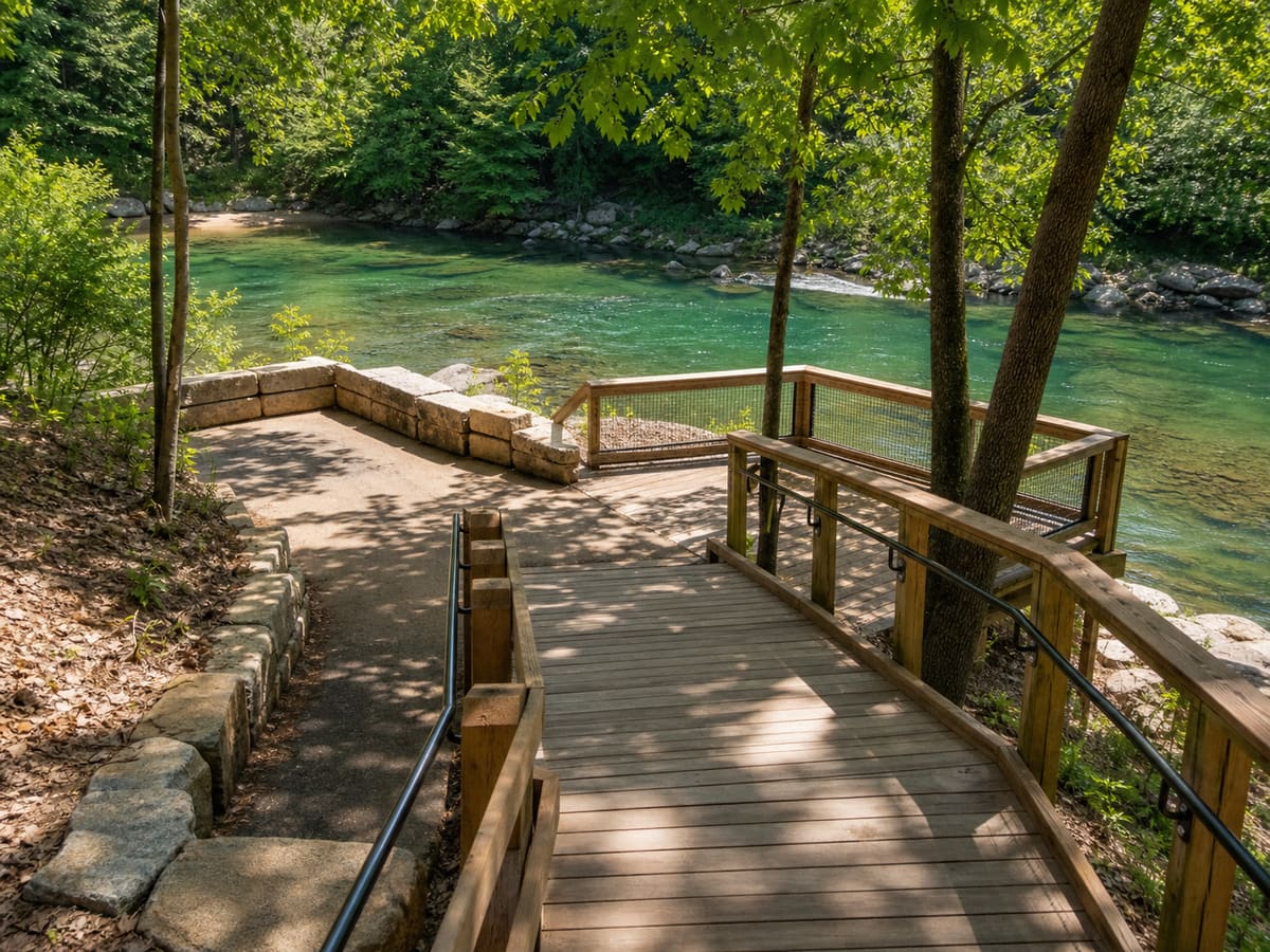 Editorial image of an accessible boardwalk leading toward a calm river
