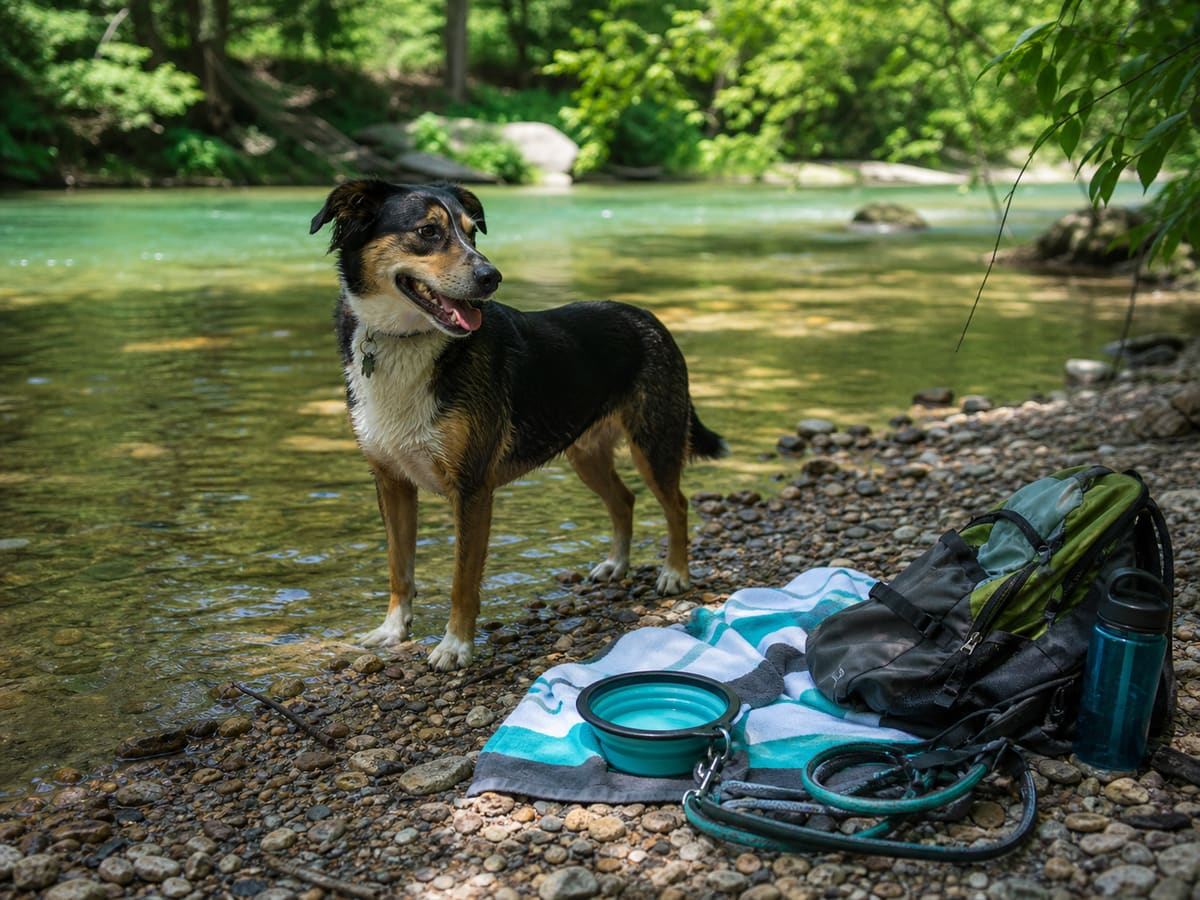 Editorial image of a calm dog-friendly creek outing at the water edge