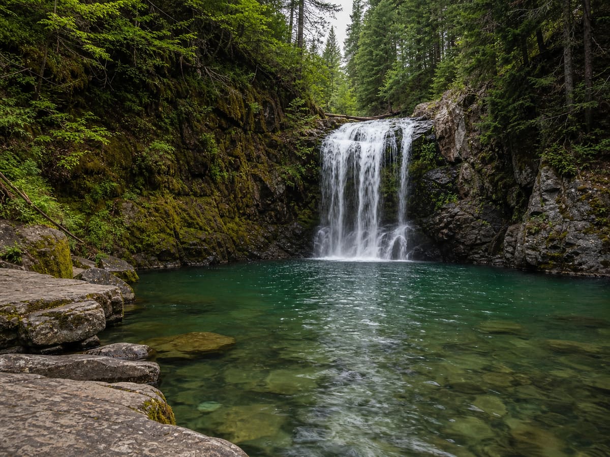 Editorial image of a forest waterfall dropping into a calm plunge pool
