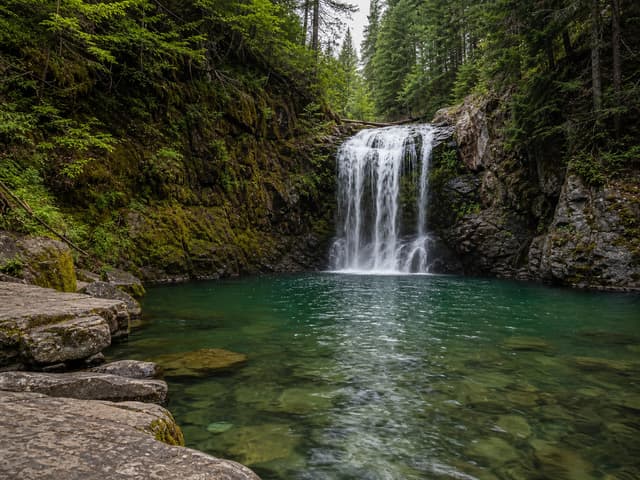 Editorial image of a forest waterfall dropping into a calm plunge pool