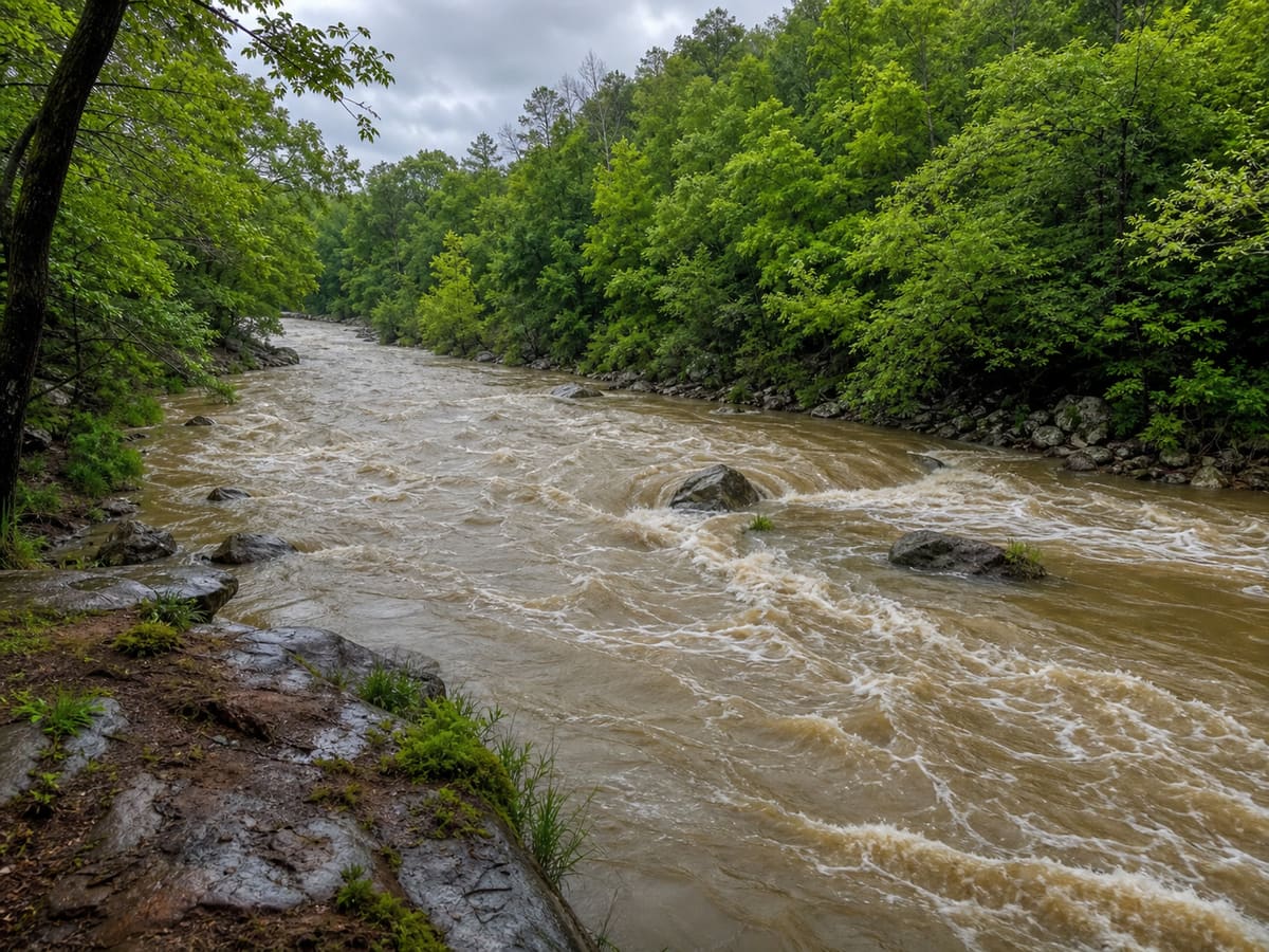 Editorial image of a high creek after rain viewed safely from shore
