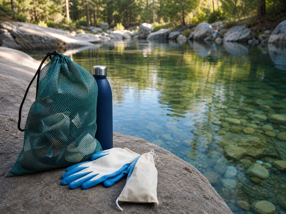 Editorial image of a reusable cleanup kit beside a pristine creek