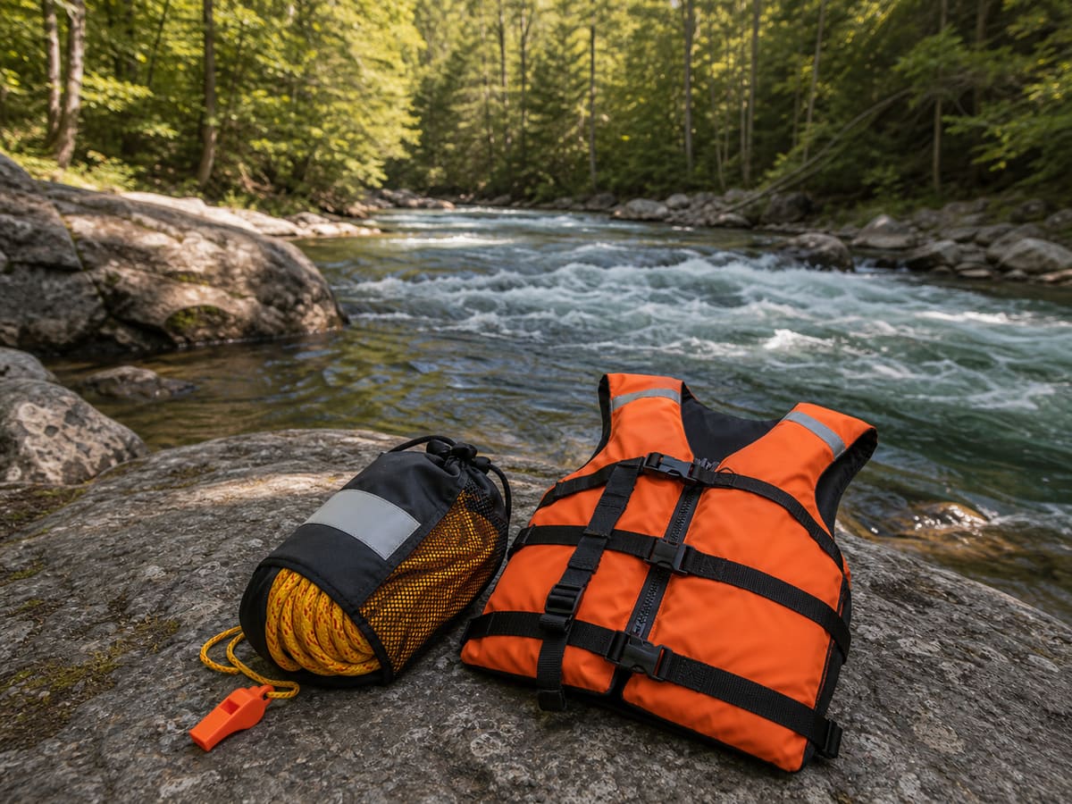 Editorial image of permit and access planning materials near a creek