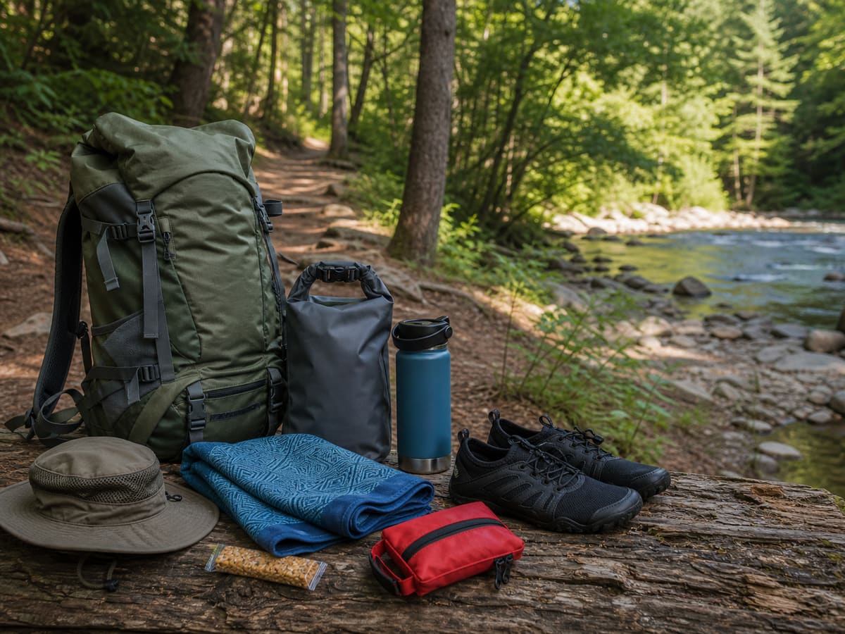 Editorial image of river safety gear on a rock beside moving water