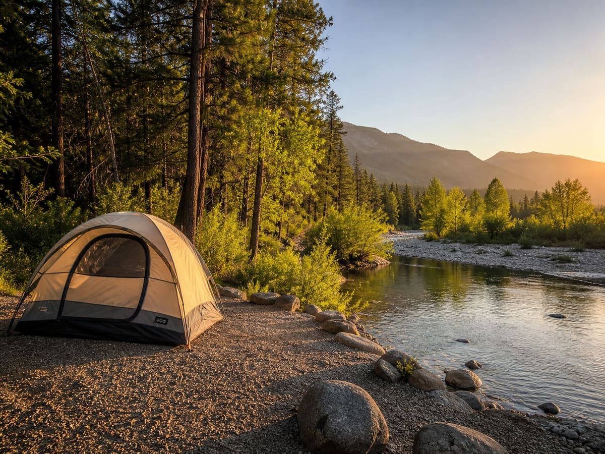 Editorial image of a responsible campsite set back from a clear river
