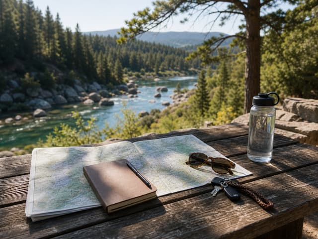 Editorial image of swimming-hole road trip planning gear near a river overlook