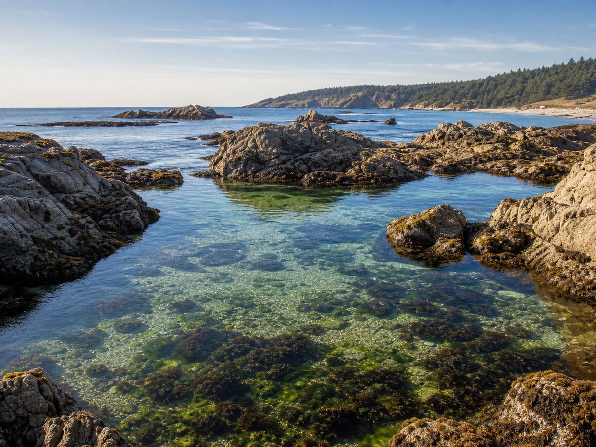 Editorial image of a calm rocky coastal inlet and tide pools