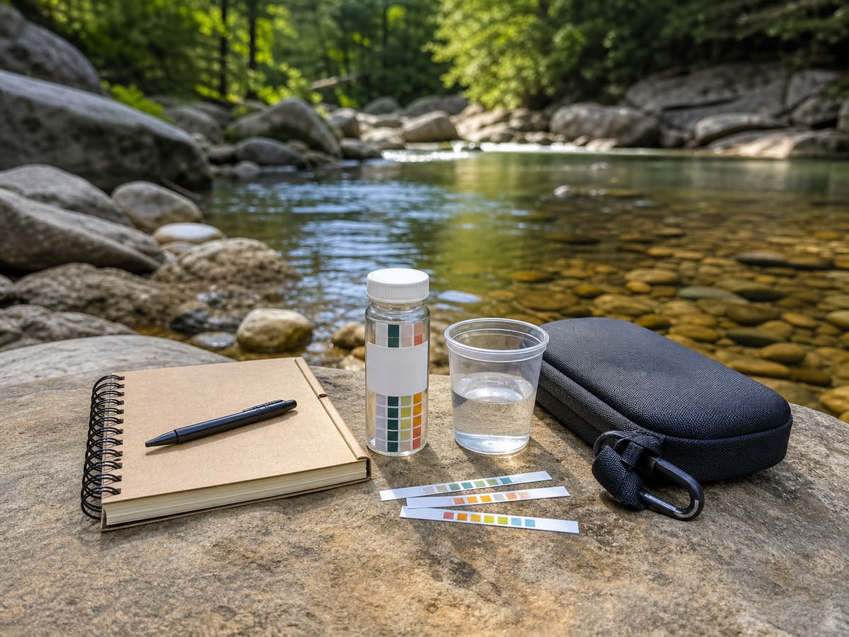 Editorial image of a water quality check setup beside a creek