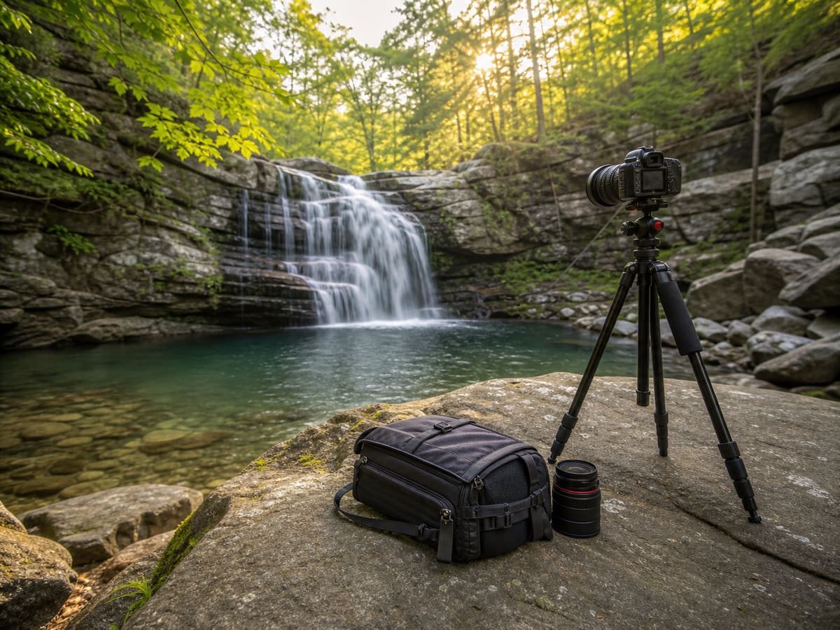 Editorial image of camera gear set safely near a waterfall pool