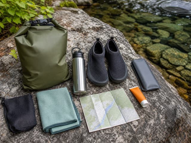 Editorial image of organized wild swimming gear beside clear water