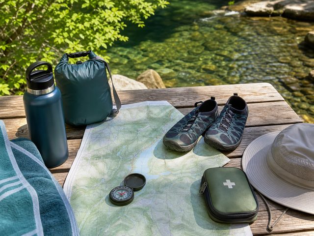 Swimming hole trip planning gear with water shoes, map, water bottle, and clear creek water