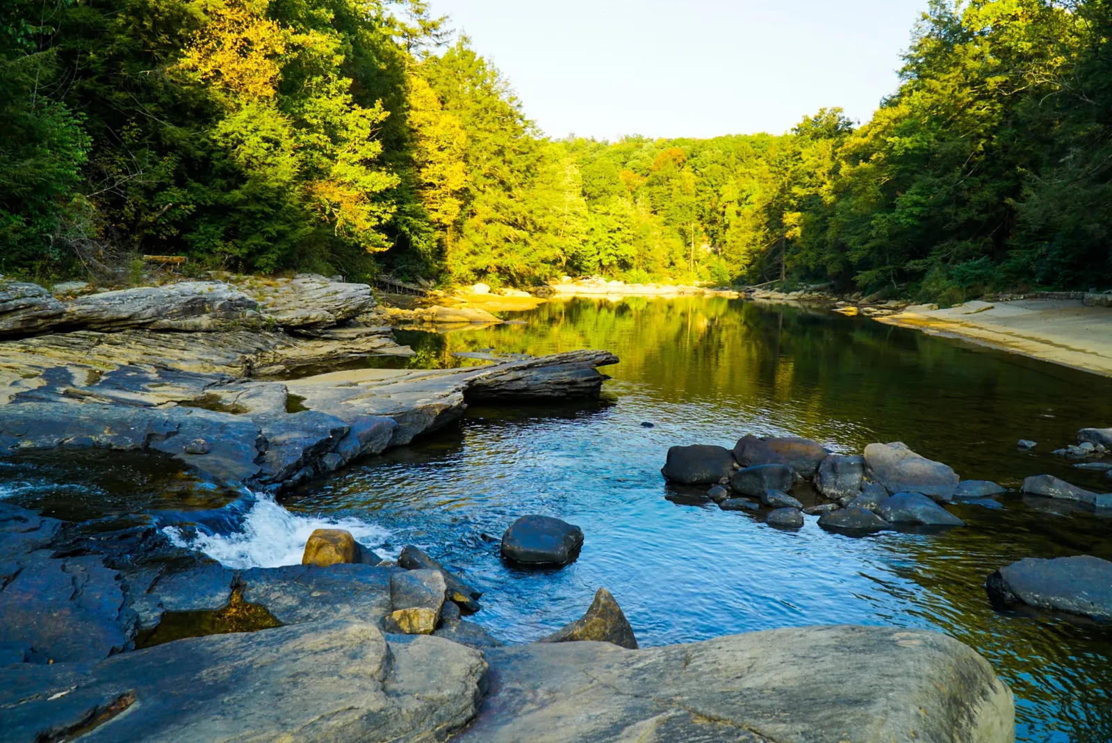 Middle Fork River between rock shelves and wooded banks at Audra State Park