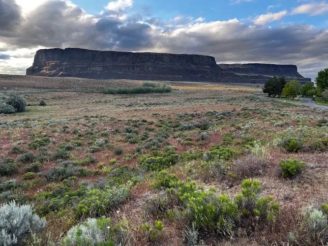Flat-topped basalt cliffs above shrubland beside a park road at Steamboat Rock State Park