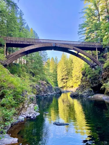 Arch footbridge above the rock-lined river and evergreen trees at Moulton Falls Regional Park