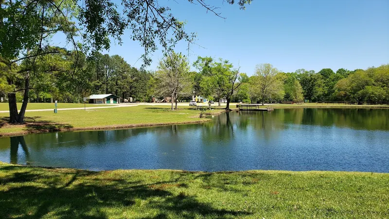 Pond, grassy banks and park buildings at Alabama's Blue Springs State Park, separate from the spring pools