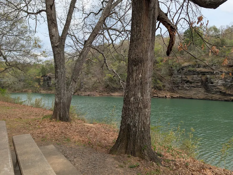 Mulberry River and layered bluff viewed between riverside trees at Bluff Hole Park; seasonal scenery, not an exact water-entry guide