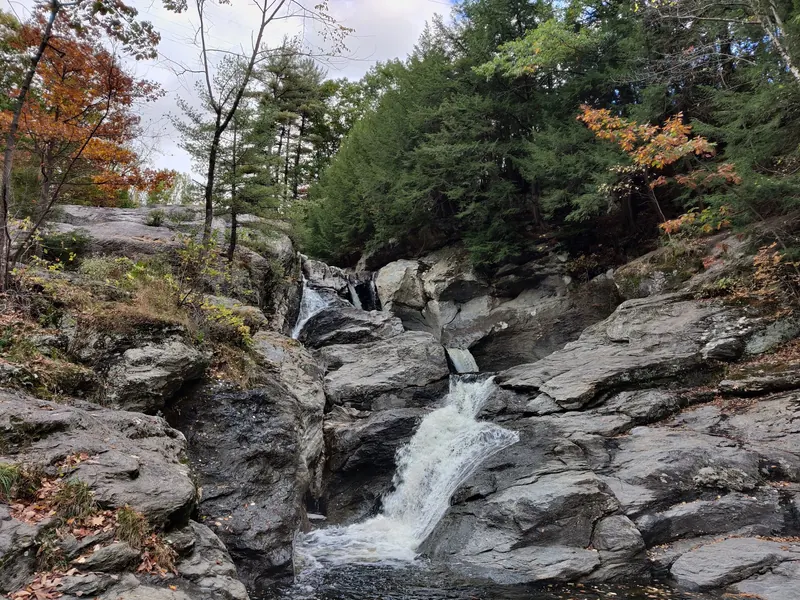 Cascading water between sculpted rocks and autumn trees at Bolton Potholes; not a swimming-safety assessment