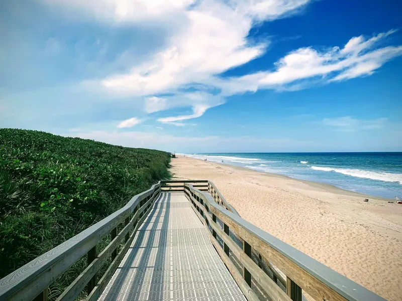 Raised boardwalk leading past coastal vegetation to a sandy beach and breaking surf, from the Canaveral National Seashore collection