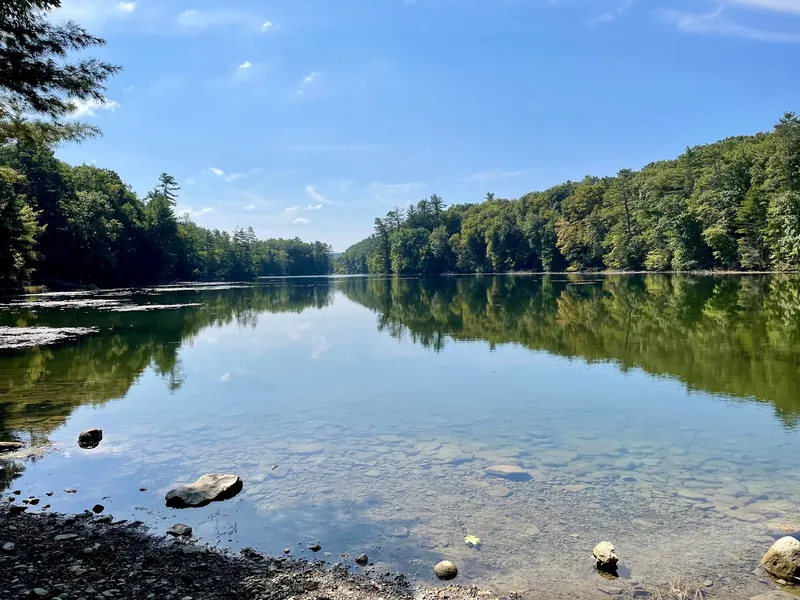 Rocky lakeshore and forest reflections at Chenango Valley State Park