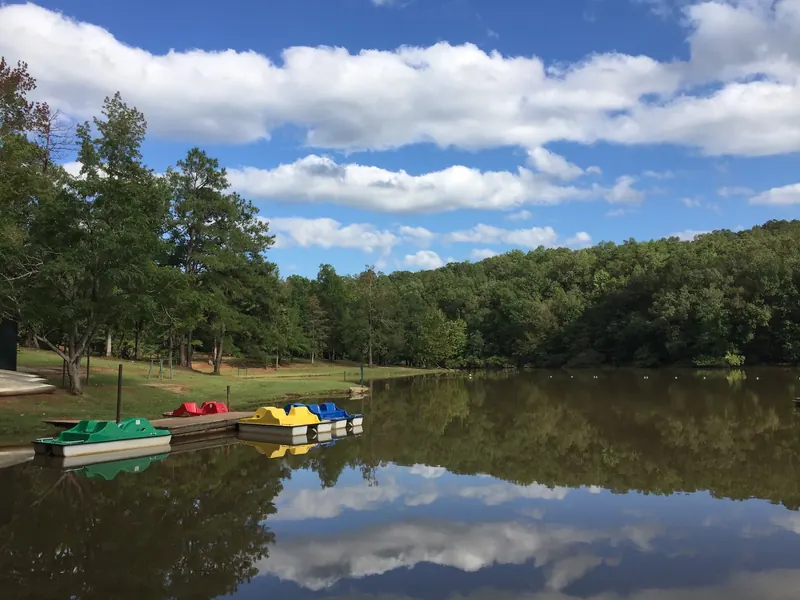 Colorful pedal boats moored beside the wooded lake at Chewacla State Park