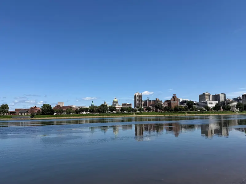 Harrisburg skyline reflected in the Susquehanna River from the City Island waterfront