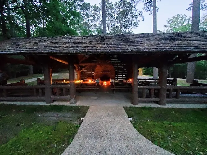 Covered log picnic pavilion and paved approach in the Clear Springs recreation-area collection