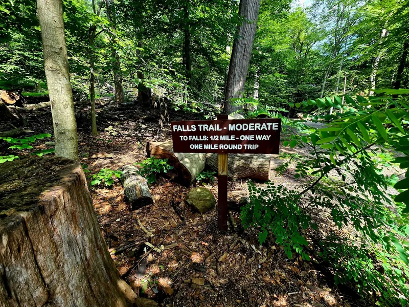 Falls Trail sign marking a moderate half-mile walk to Cunningham Falls, separate from the lake swimming areas