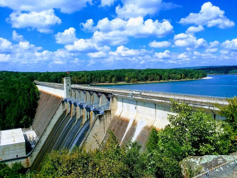 Greers Ferry Dam and reservoir viewed from an overlook, separate from the swimming area