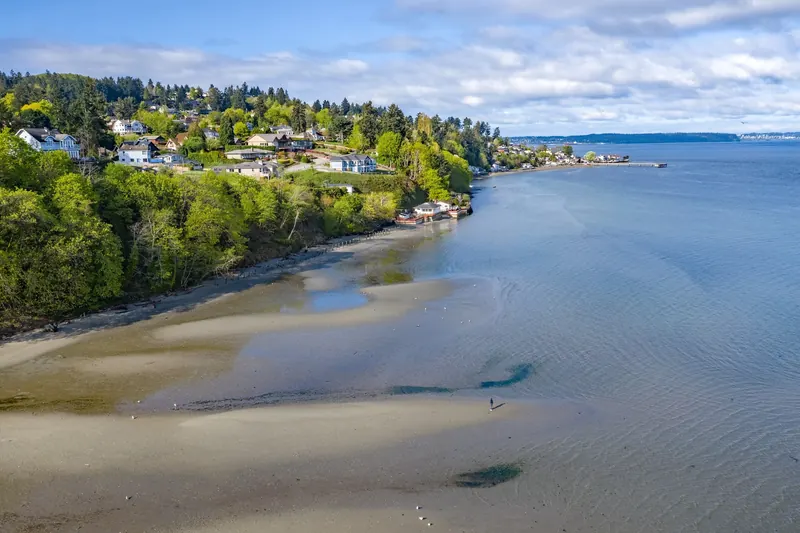 Elevated view of exposed tidal flats and hillside homes in the Dash Point Beach collection, shown as wider shoreline context rather than a marked water-entry route