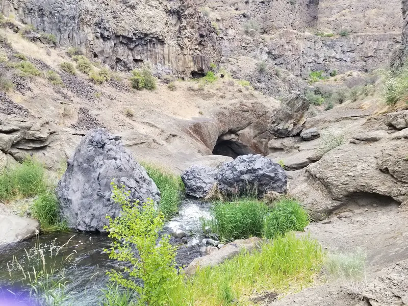Douglas Creek flowing between boulders beneath basalt canyon walls