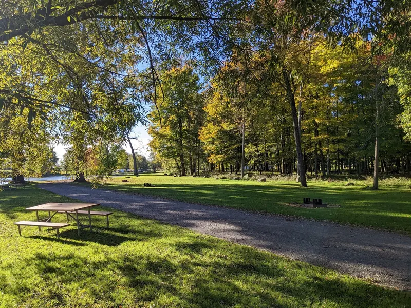 Picnic table beside a gravel campground lane and autumn trees at Eel Weir State Park