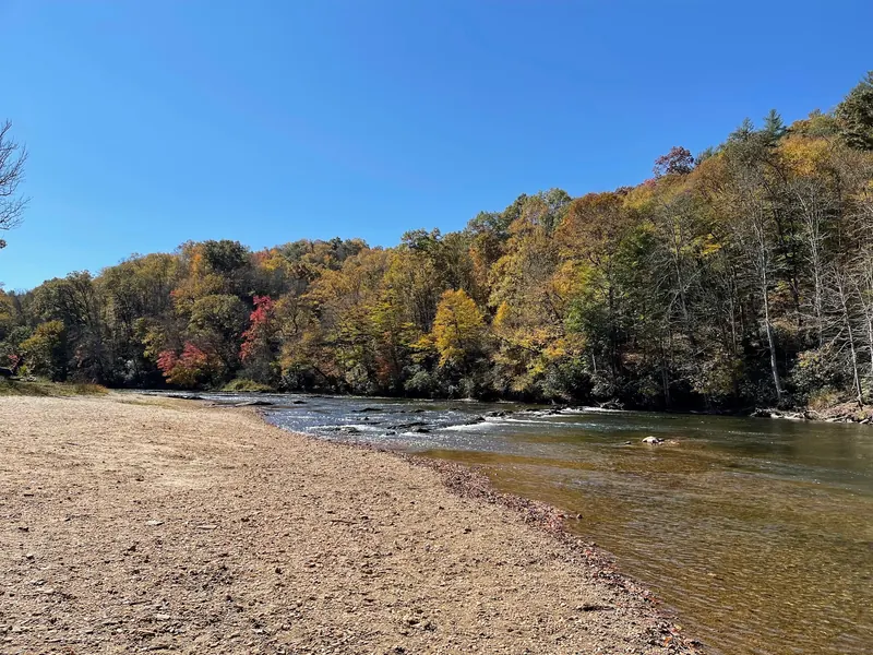 Broad gravel beach beside the river and autumn woodland at Elk Shoals