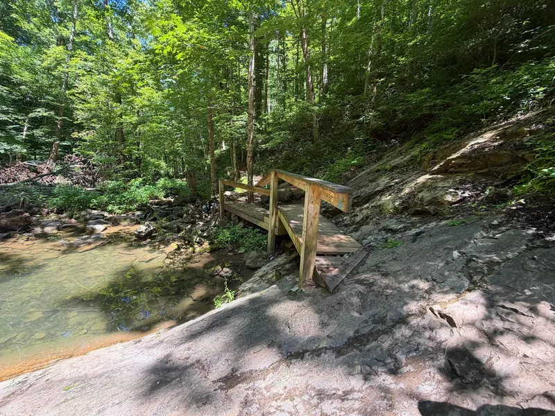 Small wooden footbridge beside exposed rock and creek water at Elrod Falls