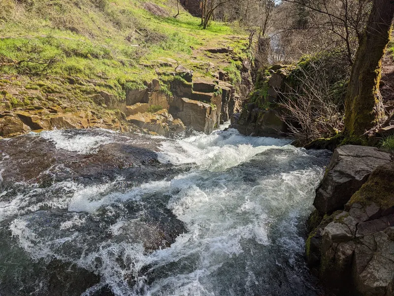 Historical fast water at the Falls City Falls crest between rocky banks