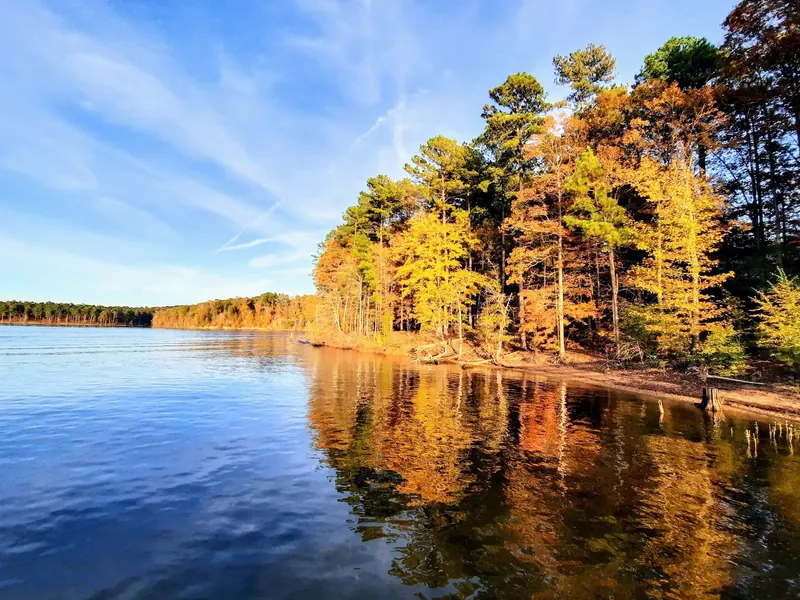 Autumn trees reflected along the shoreline of Falls Lake