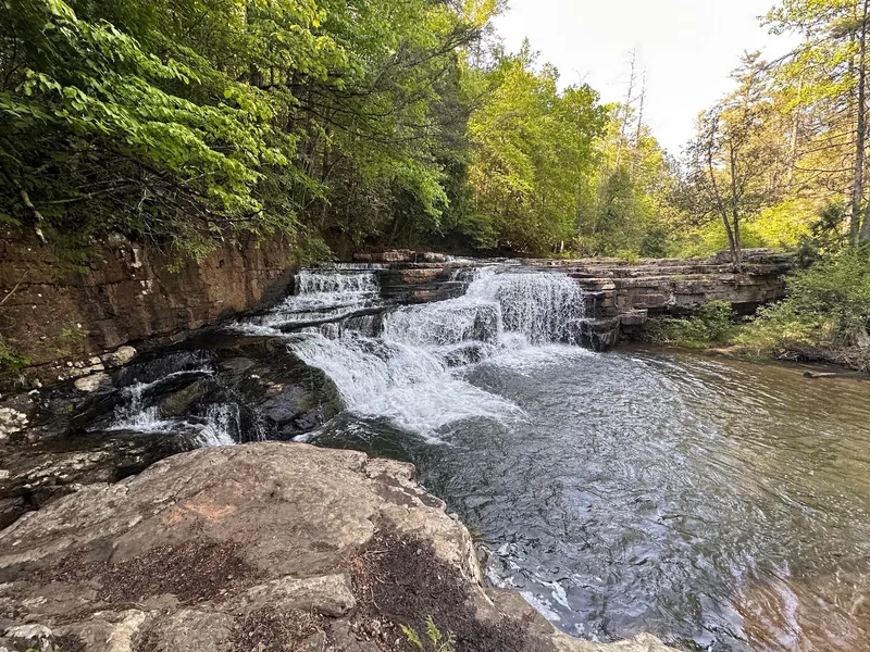 Historical Dismal Falls cascade over layered rock into a wooded creek pool; not current flow or swimming conditions