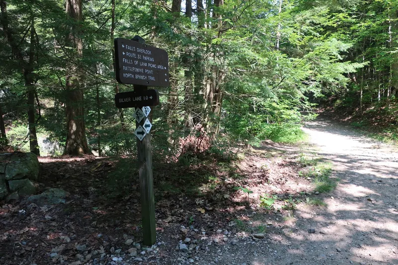 Wooden trail signs for Falls Overlook, Route 53 parking and Silver Lake at Falls of Lana