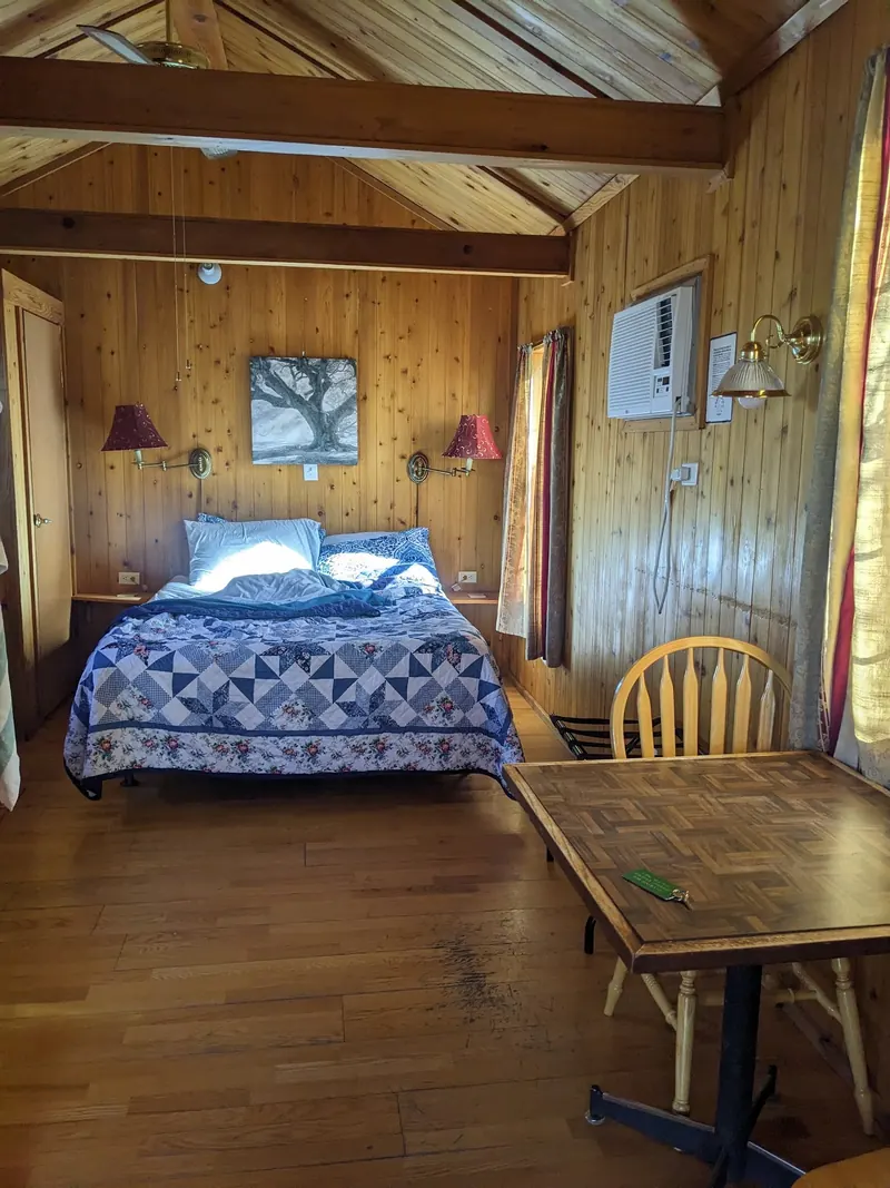 Wood-paneled cabin interior with a bed and small table at Faywood Hot Springs