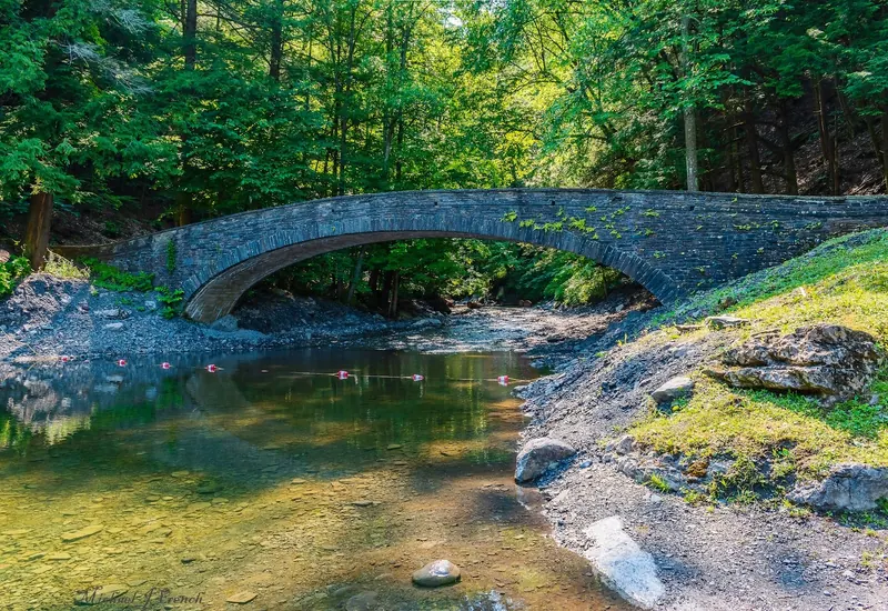 Stone arch bridge and floating boundary rope at Fillmore Glen State Park's seasonal swimming area