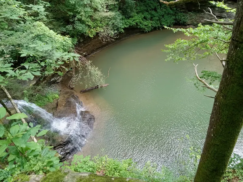 Historical wooded pool and waterfall in the saved Gabe's Branch Falls collection, not proof of current public access