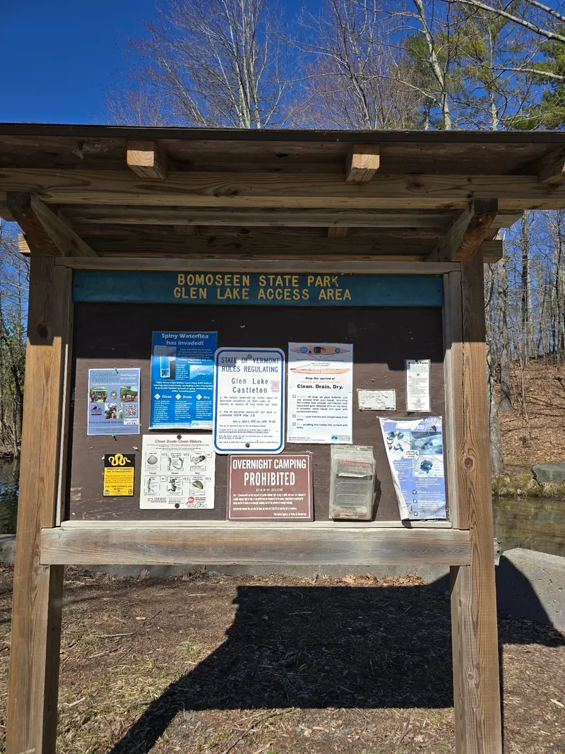 Bomoseen State Park Glen Lake Access Area information board with posted notices