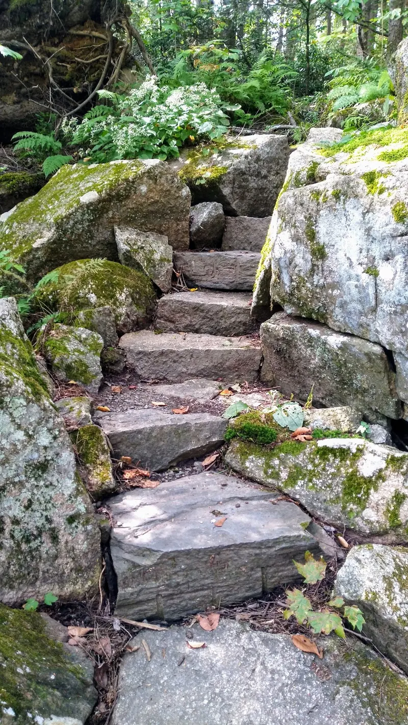 Uneven stone trail steps between moss-covered boulders at Glendale Falls