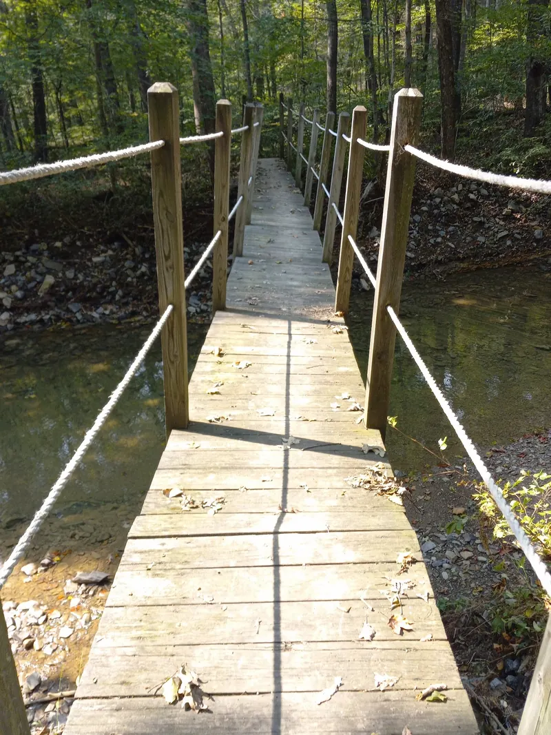 Historical narrow wooden footbridge with rope rails in the Green Ridge collection