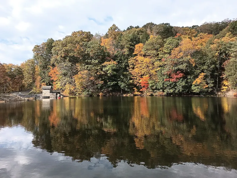 Autumn foliage reflected in Greenwood Lake beside the stone dam; scenery, not a swimming entry