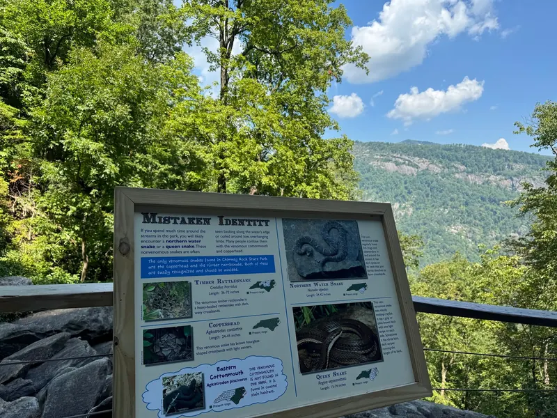 Wildlife interpretation sign beside a railing in the Hickory Nut Falls area