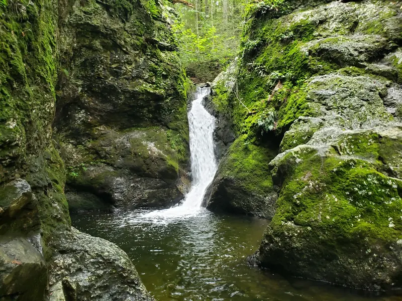 Indian Well waterfall between moss-covered cliffs; this waterfall pool is closed to swimming