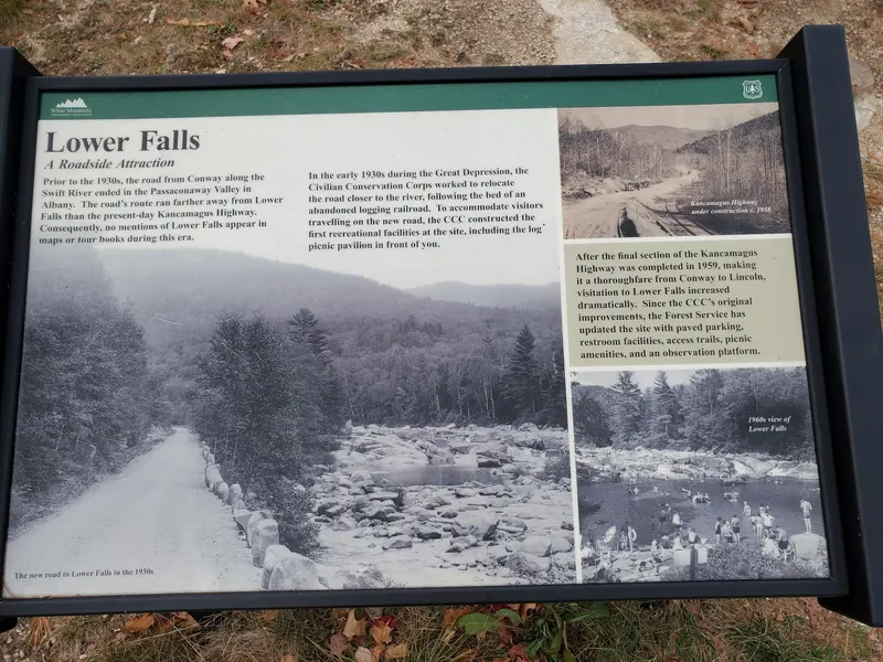 Lower Falls roadside-history interpretation panel with historical photographs and forest-service information