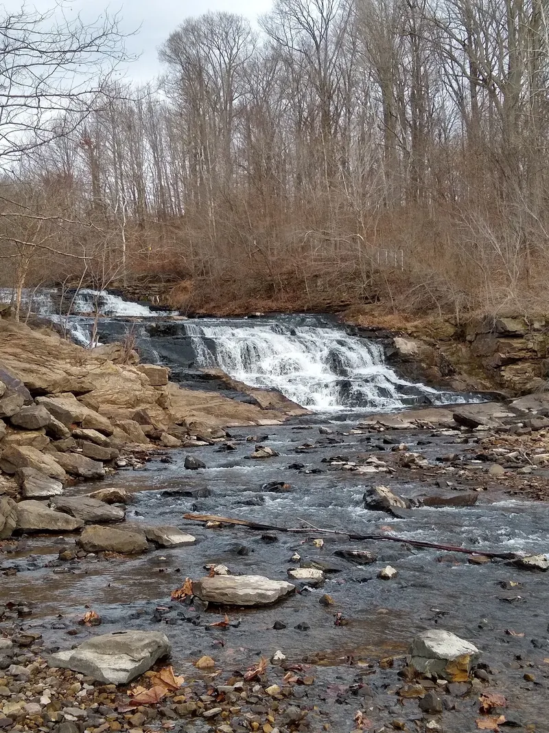Rock-filled downstream channel and tiered Kinkaid Lake Spillway cascades beneath leafless trees