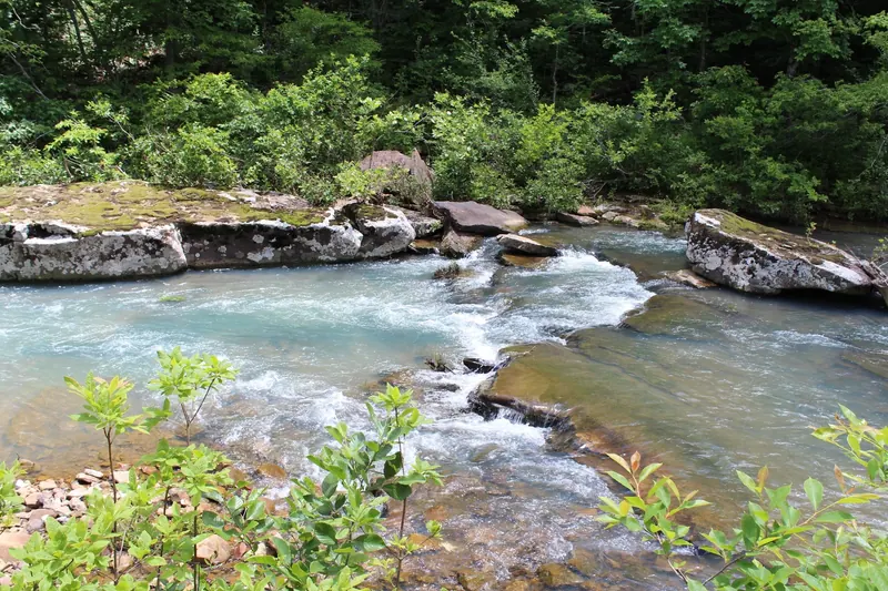 Whitewater flowing between lichen-covered rock shelves in the Kings River Falls collection; historical current detail, not proof of safe swimming conditions