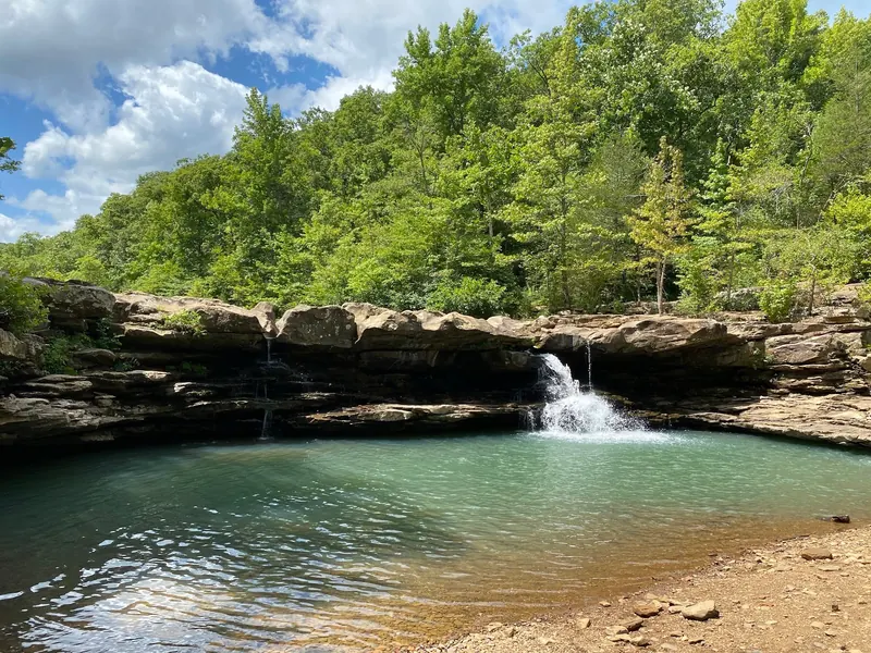 Kings River Falls dropping over a low rock ledge into a pool beside a gravel bank and summer trees; scenery, not a safe-depth guarantee